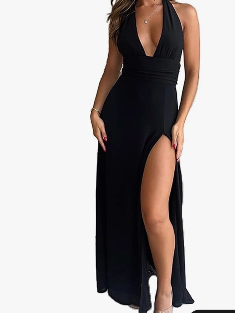 EKALIY Sexy Halter Deep V Neck Dress